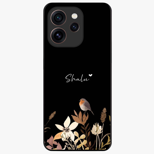 Quiet Garden Tune Custom Name Glass Case showing flat back view with peaceful garden artwork and personalized name design.