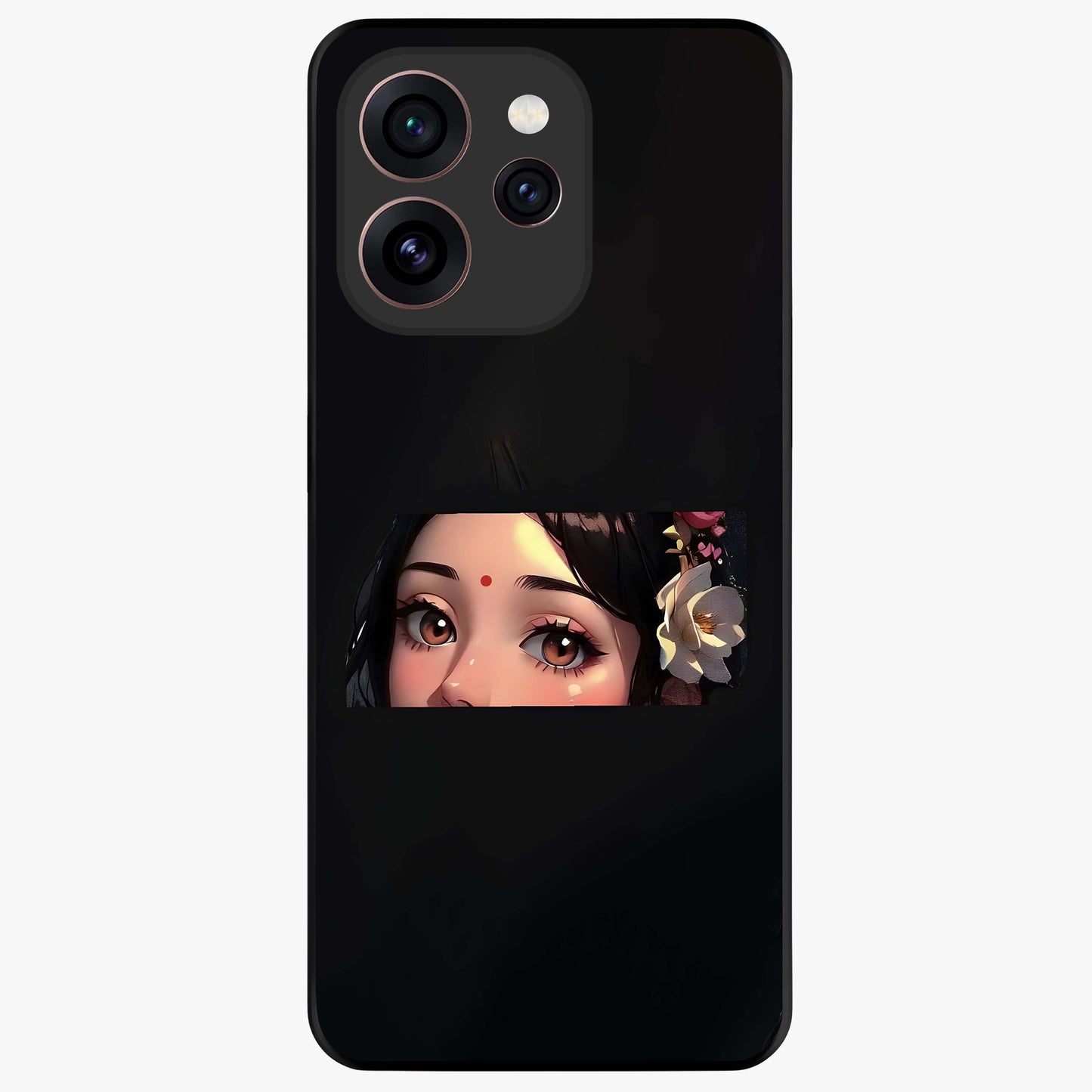 Radha Divine Embrace Glass Case showing flat back view with devotional Radha artwork and glossy glass finish.