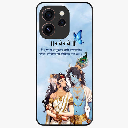 Radha Krishna Eternal Glass Case showing flat back view with Radha Krishna devotional artwork and glossy glass finish.