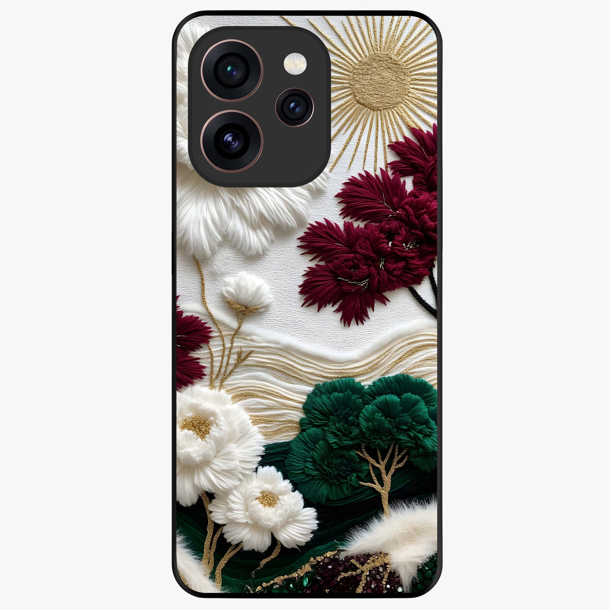 Radiant Bloom Elegance Glass Case showing flat back view with elegant blooming flower artwork and glossy glass finish.