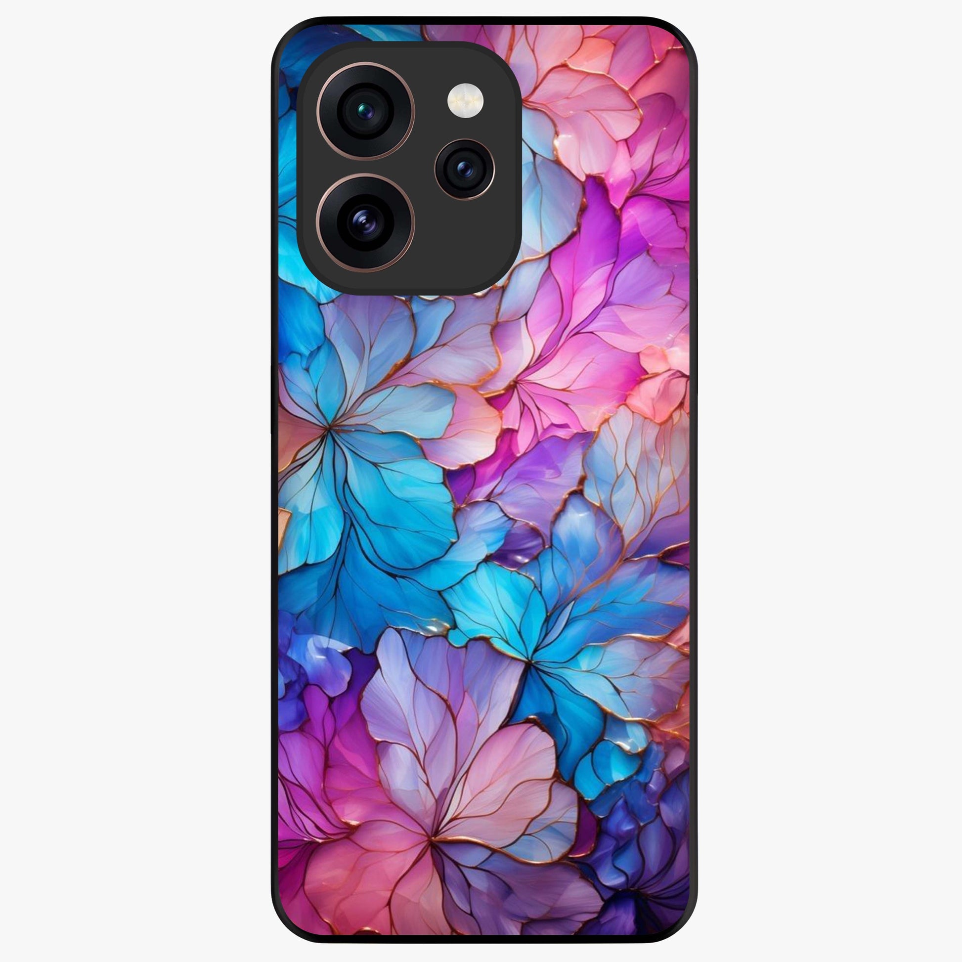 Radiant Floral Whirl Glass Case showing flat back view with swirling floral artwork and glossy glass finish.