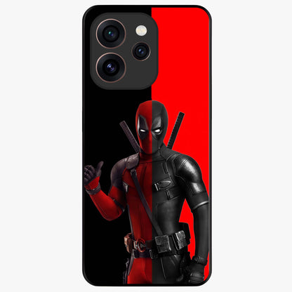 Red & Black Deadpool Theme Glass Case showing flat back view with bold comic inspired artwork and glossy glass finish.