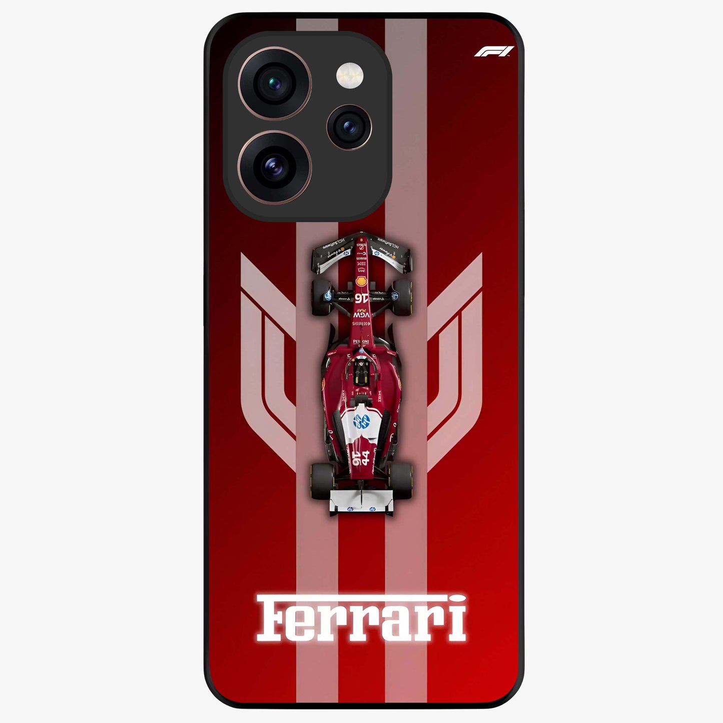 Red Ferrari F1 Vertical Glass Case showing flat back view with sleek Formula racing car artwork and glossy glass finish.