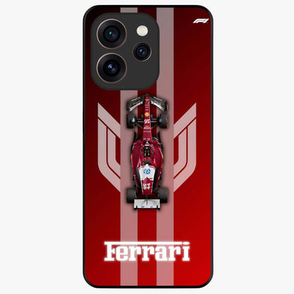 Red Ferrari F1 Vertical Glass Case showing flat back view with sleek Formula racing car artwork and glossy glass finish.