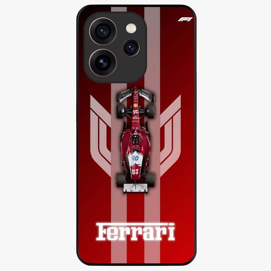 Red Ferrari F1 Vertical Glass Case showing flat back view with sleek Formula racing car artwork and glossy glass finish.