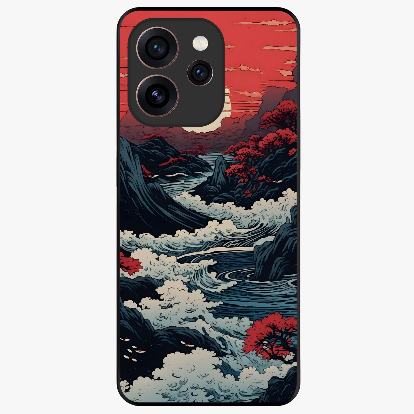 Red Sunset Scenery Glass Case showing flat back view with vibrant sunset landscape artwork and glossy glass finish.