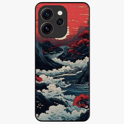 Red Sunset Scenery Glass Case showing flat back view with vibrant sunset landscape artwork and glossy glass finish.