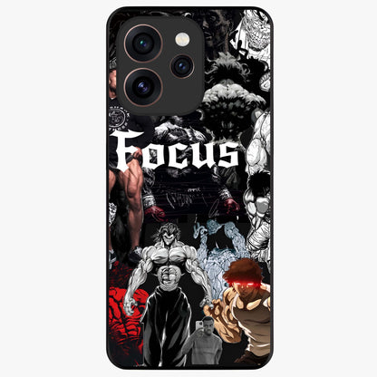 Relentless Power Focus Glass Case showing flat back view with motivational typography artwork and glossy glass finish.