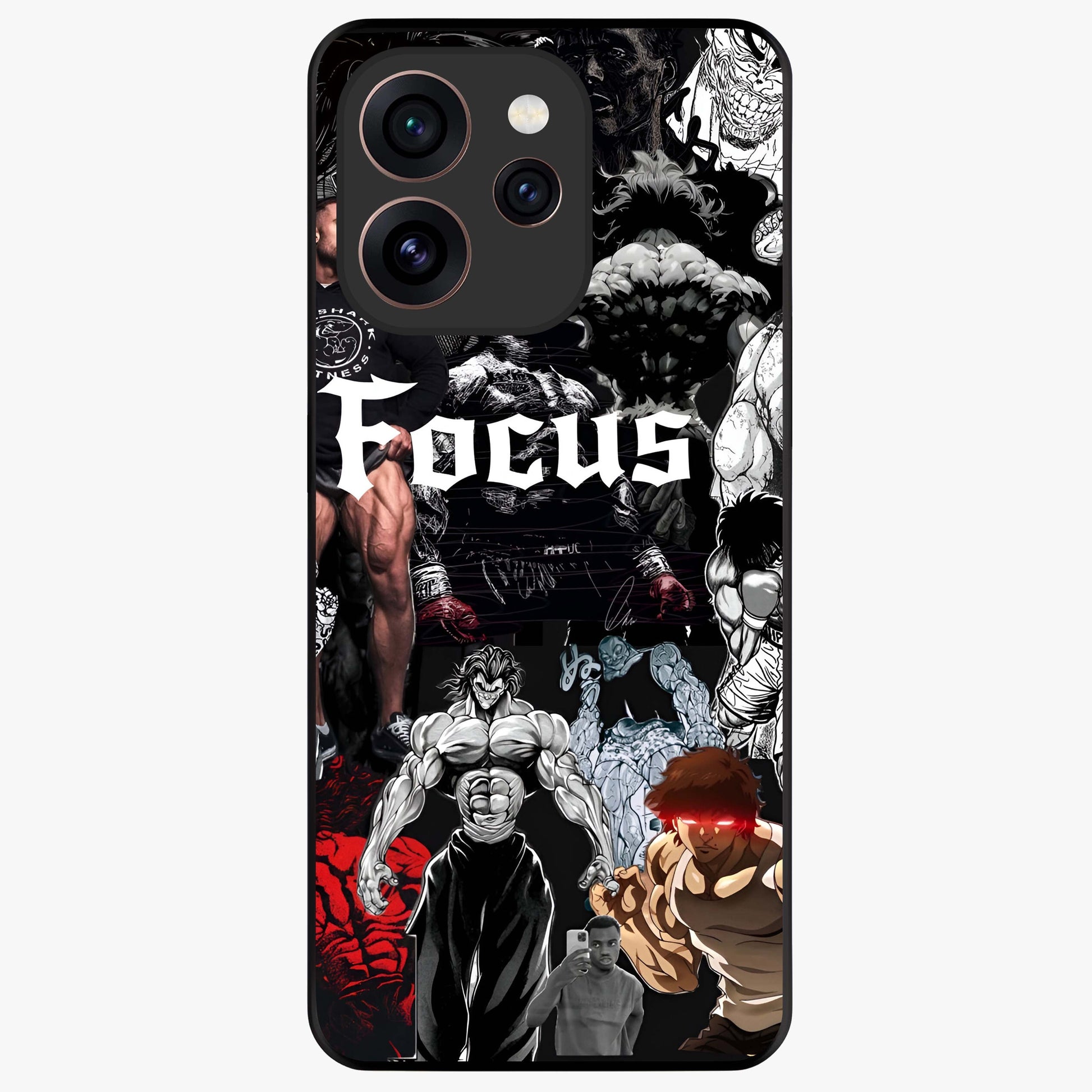 Relentless Power Focus Glass Case showing flat back view with motivational typography artwork and glossy glass finish.