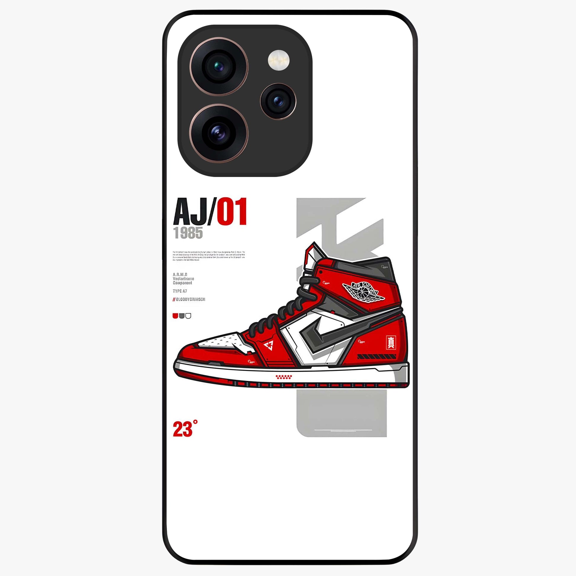 Retro Sneaker Blueprint Glass Case showing flat back view with sneaker blueprint style artwork and glossy glass finish.
