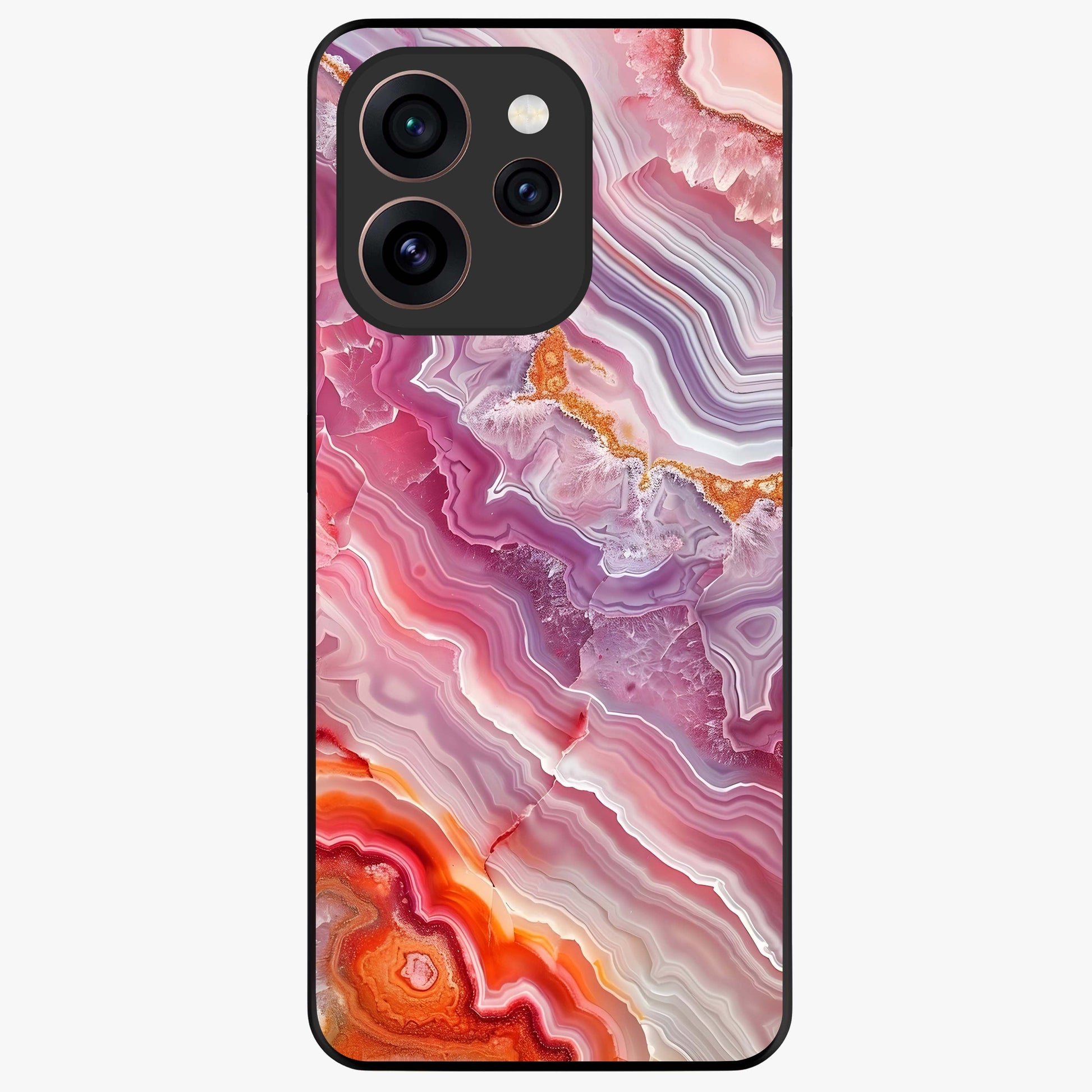Rose Quartz Marble Glass Case showing flat back view with pink marble quartz texture artwork and glossy glass finish.