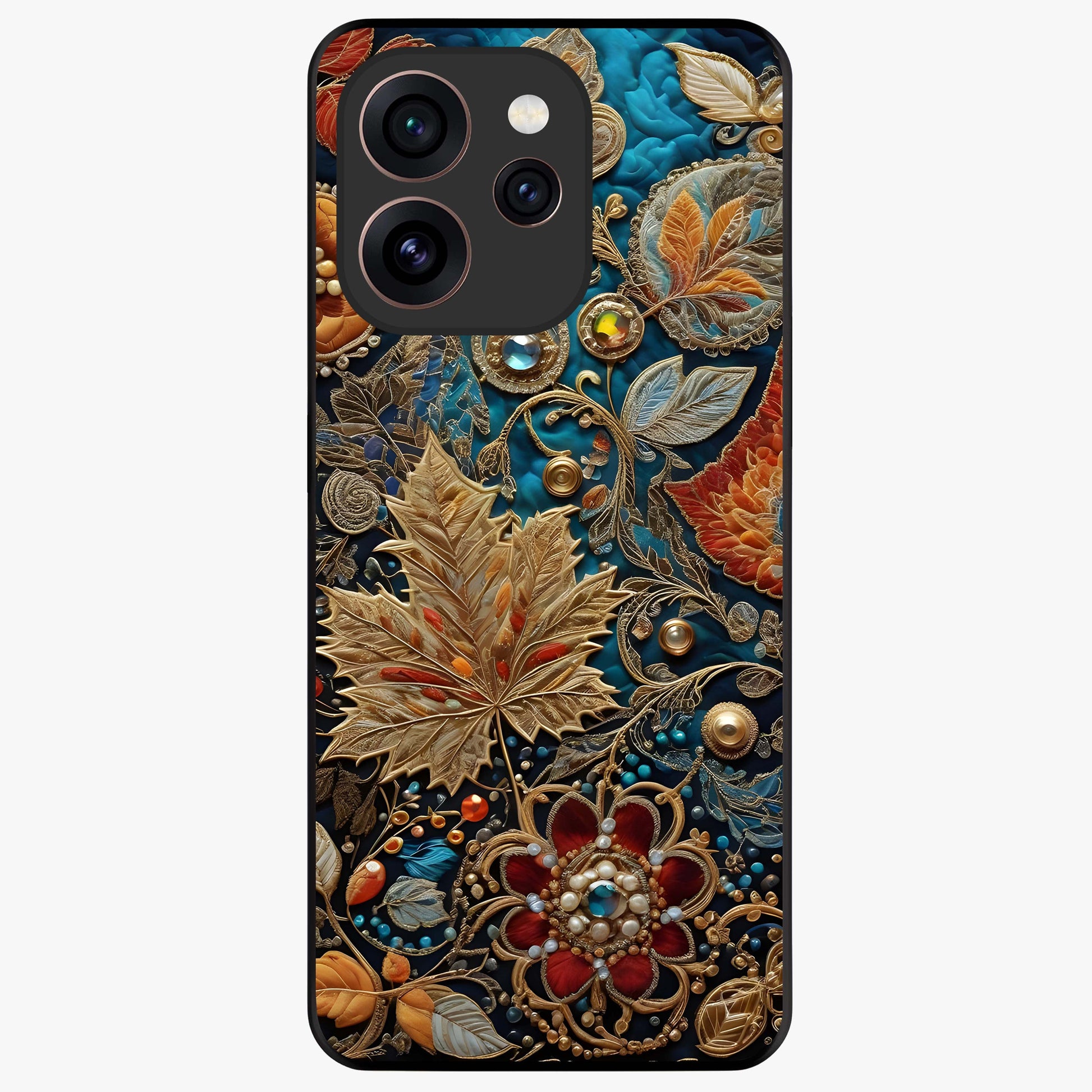 Royal Jewel Garden Glass Case showing flat back view with decorative floral garden artwork and glossy glass finish.