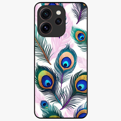 Royal Peacock Feathers Glass Case showing flat back view with colorful peacock feather artwork and glossy glass finish.