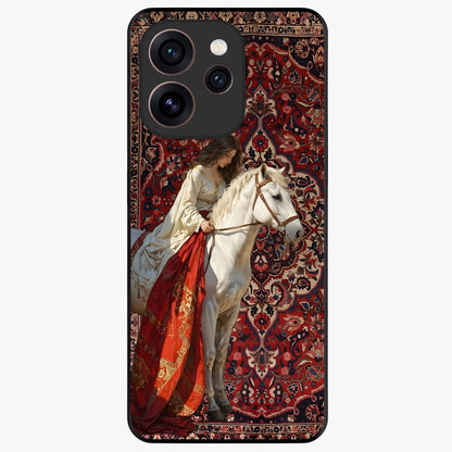 Royal Rider Tapestry Glass Case showing flat back view with majestic horse rider tapestry artwork and glossy glass finish.