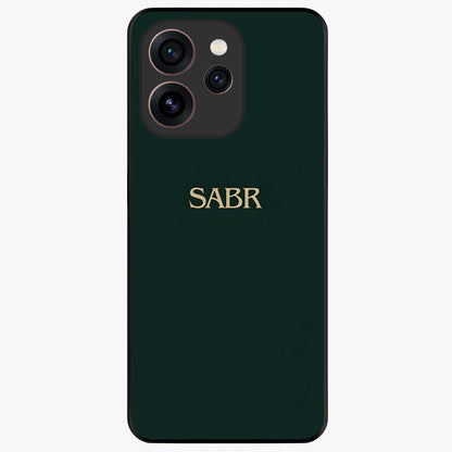 Sabr Minimal Patience Glass Case showing flat back view with minimalist typography artwork and glossy glass finish.