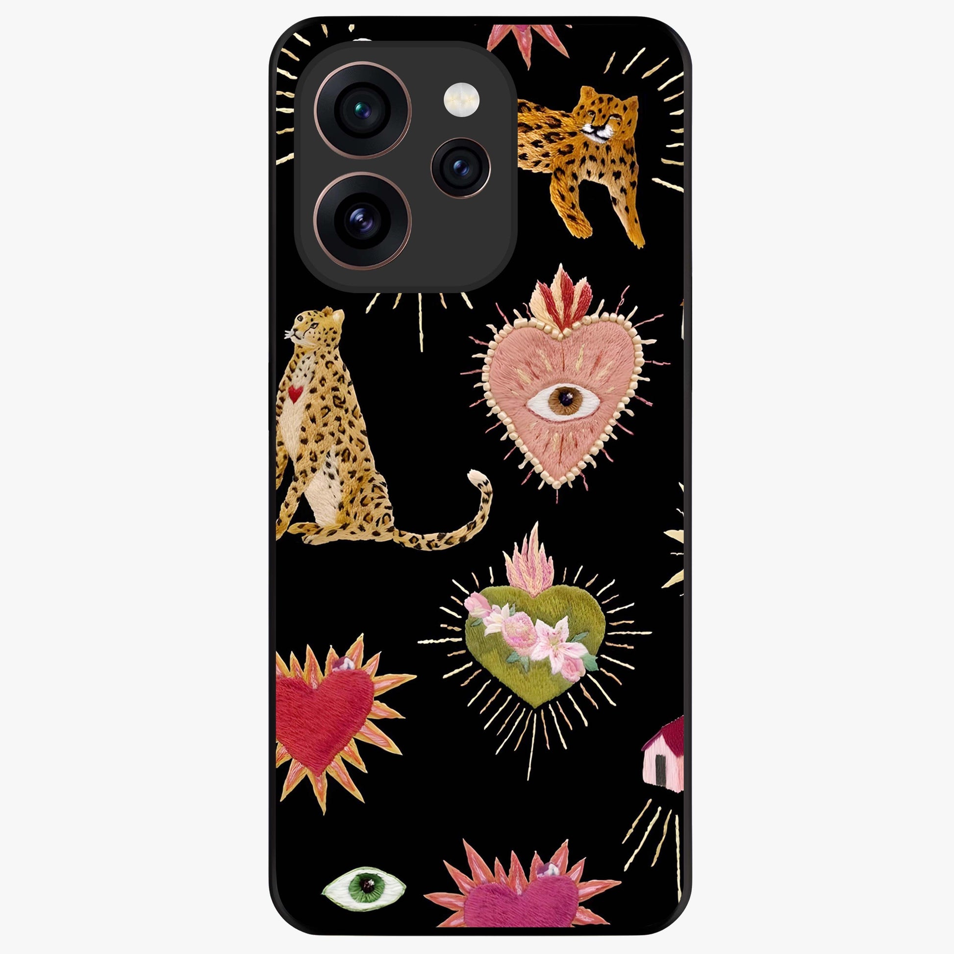 Sacred Jungle Heart Glass Case showing flat back view with jungle inspired heart artwork and glossy glass finish.