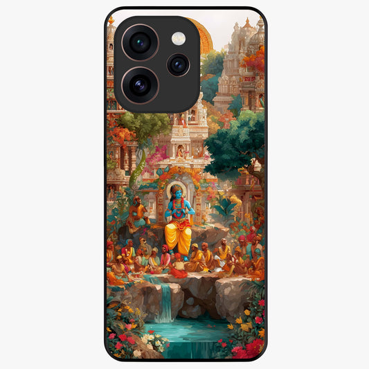 Sacred Sunlight Gods Glass Case showing flat back view with divine sunlight themed artwork and glossy glass finish.