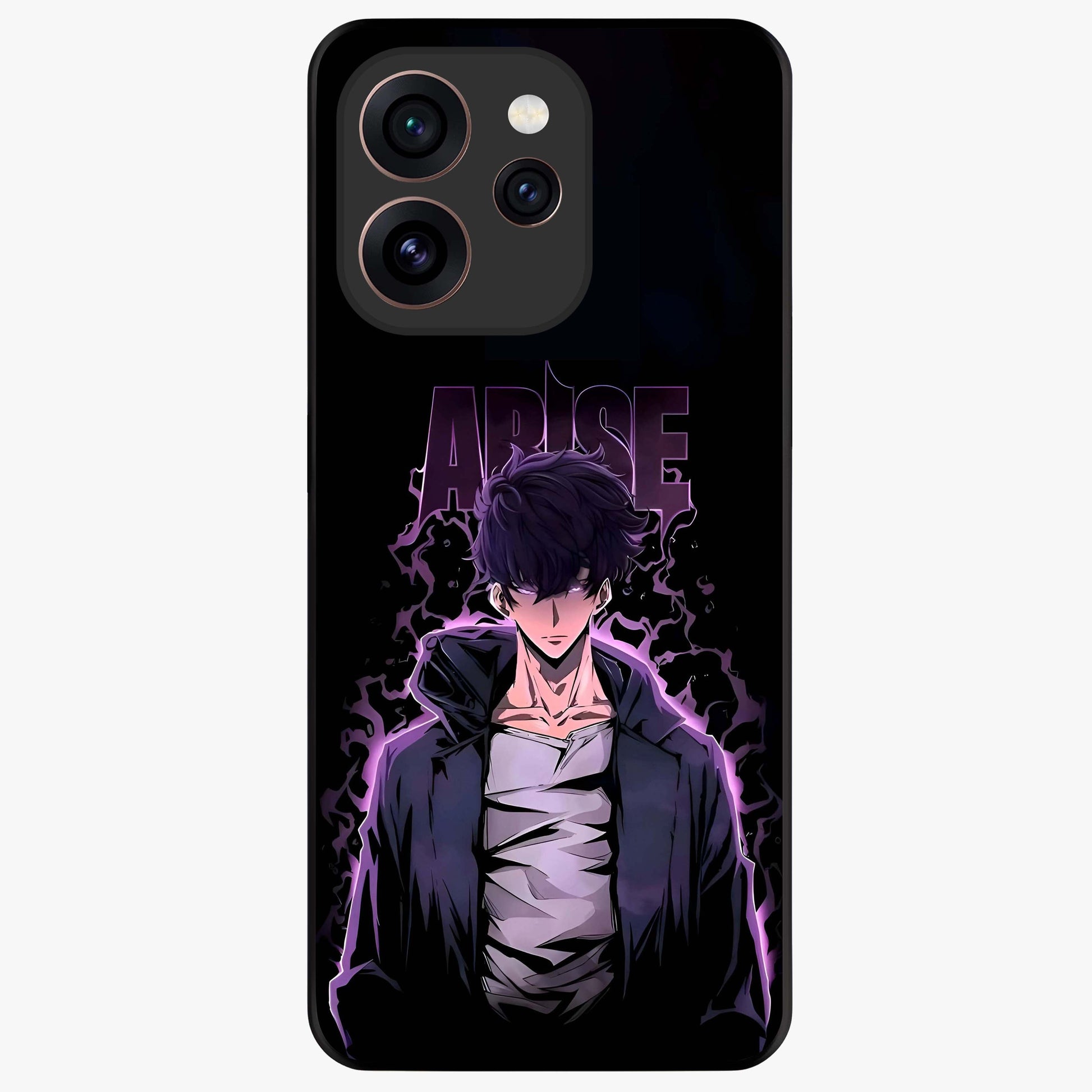 Shadow Monarch Awakening Glass Case showing flat back view with powerful dark monarch themed artwork and glossy glass finish.