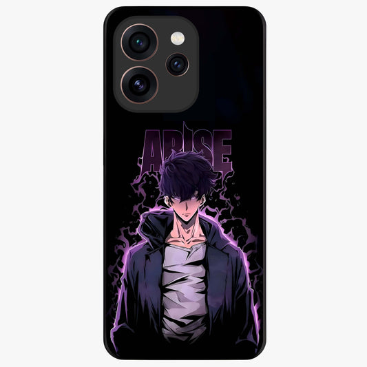 Shadow Monarch Awakening Glass Case showing flat back view with powerful dark monarch themed artwork and glossy glass finish.