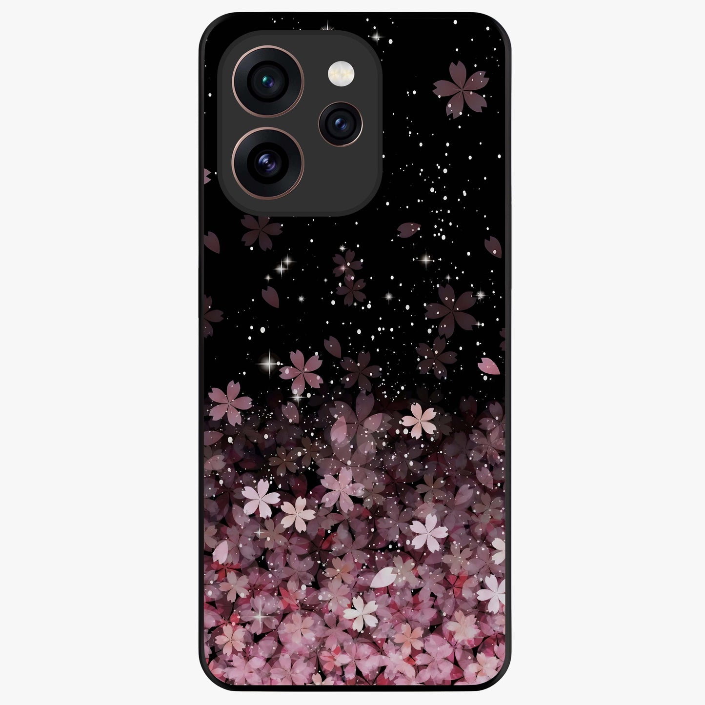 Small Starry Flowers Glass Case showing flat back view with delicate starry floral artwork and glossy glass finish.