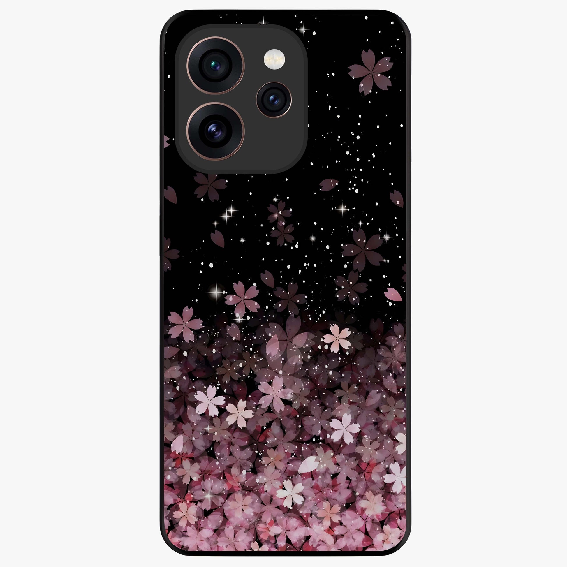 Small Starry Flowers Glass Case showing flat back view with delicate starry floral artwork and glossy glass finish.