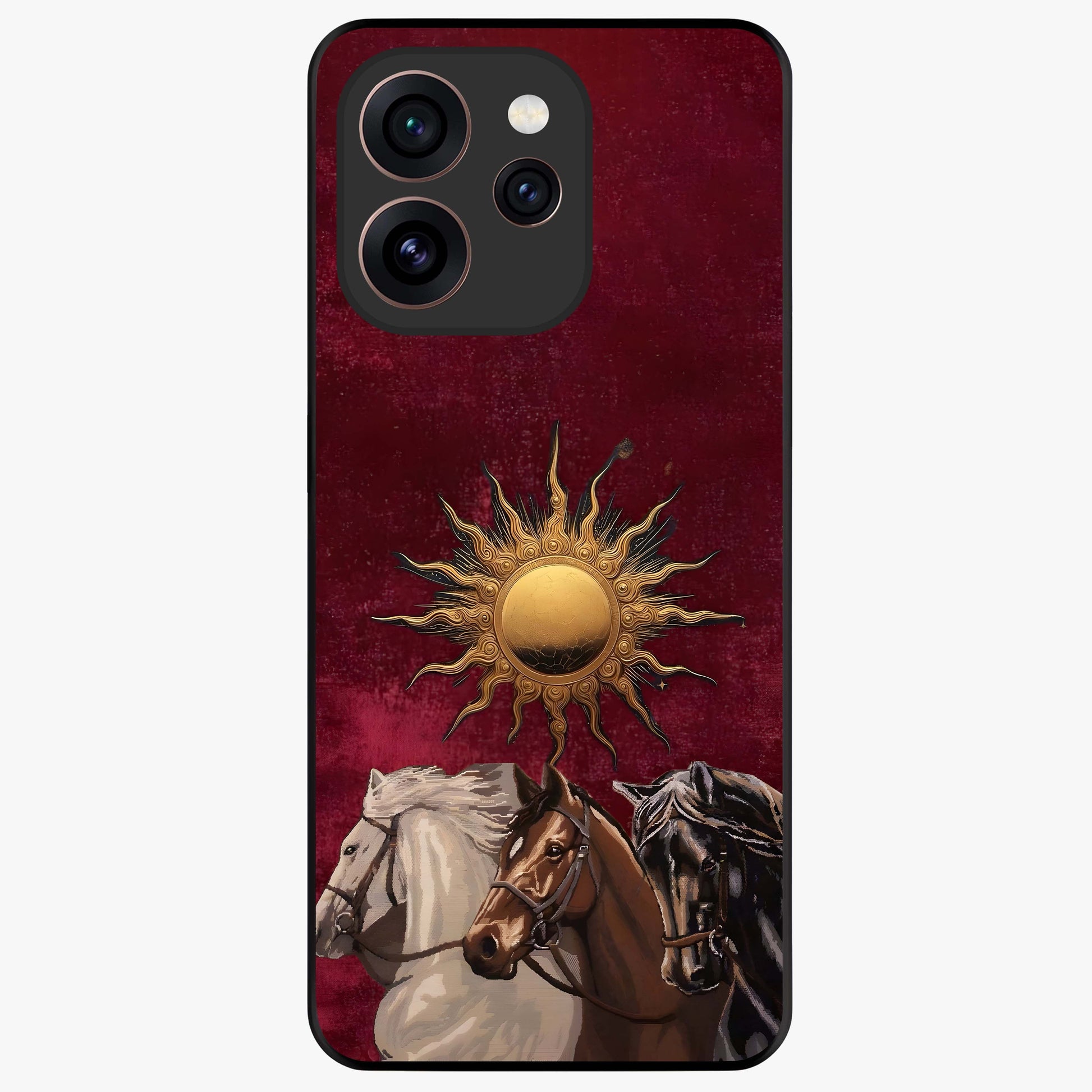 Solar Riders Glass Case showing flat back view with dynamic rider themed artwork and glossy glass finish.