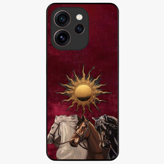 Solar Riders Glass Case showing flat back view with dynamic rider themed artwork and glossy glass finish.