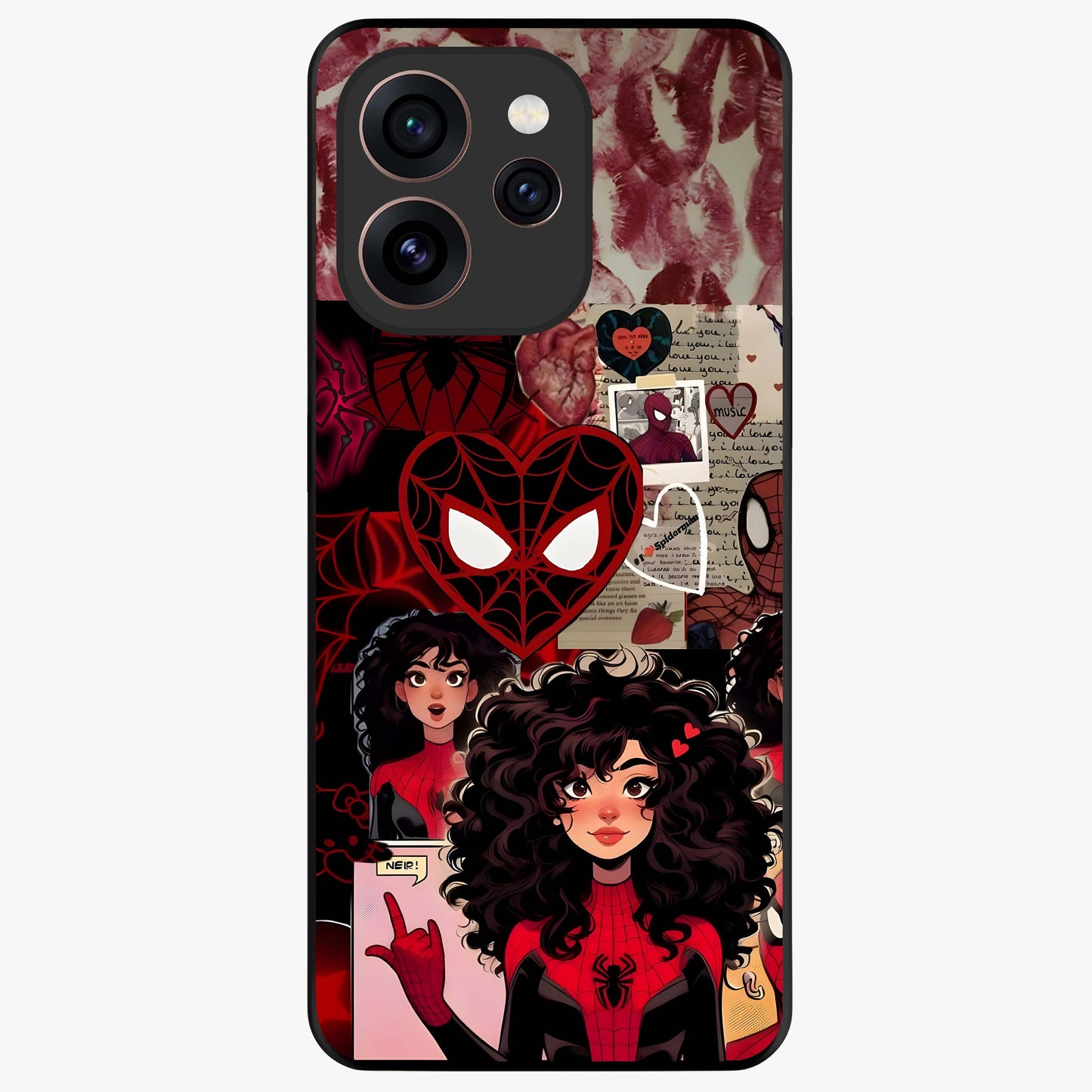 Spider Love Story Glass Case showing flat back view with romantic superhero themed artwork and glossy glass finish.