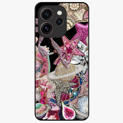 Starlit Jewel Dream Glass Case showing flat back view with sparkling jewel and star themed artwork and glossy glass finish.