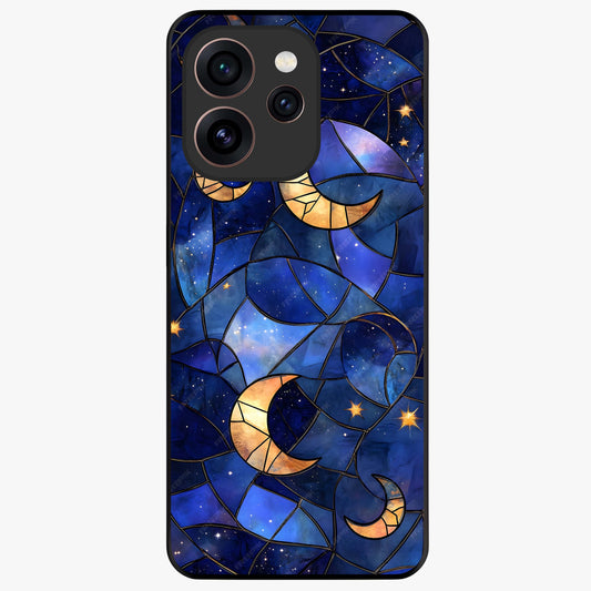 Starlit Sky Tapestry Glass Case showing flat back view with decorative starry sky tapestry artwork and glossy glass finish.