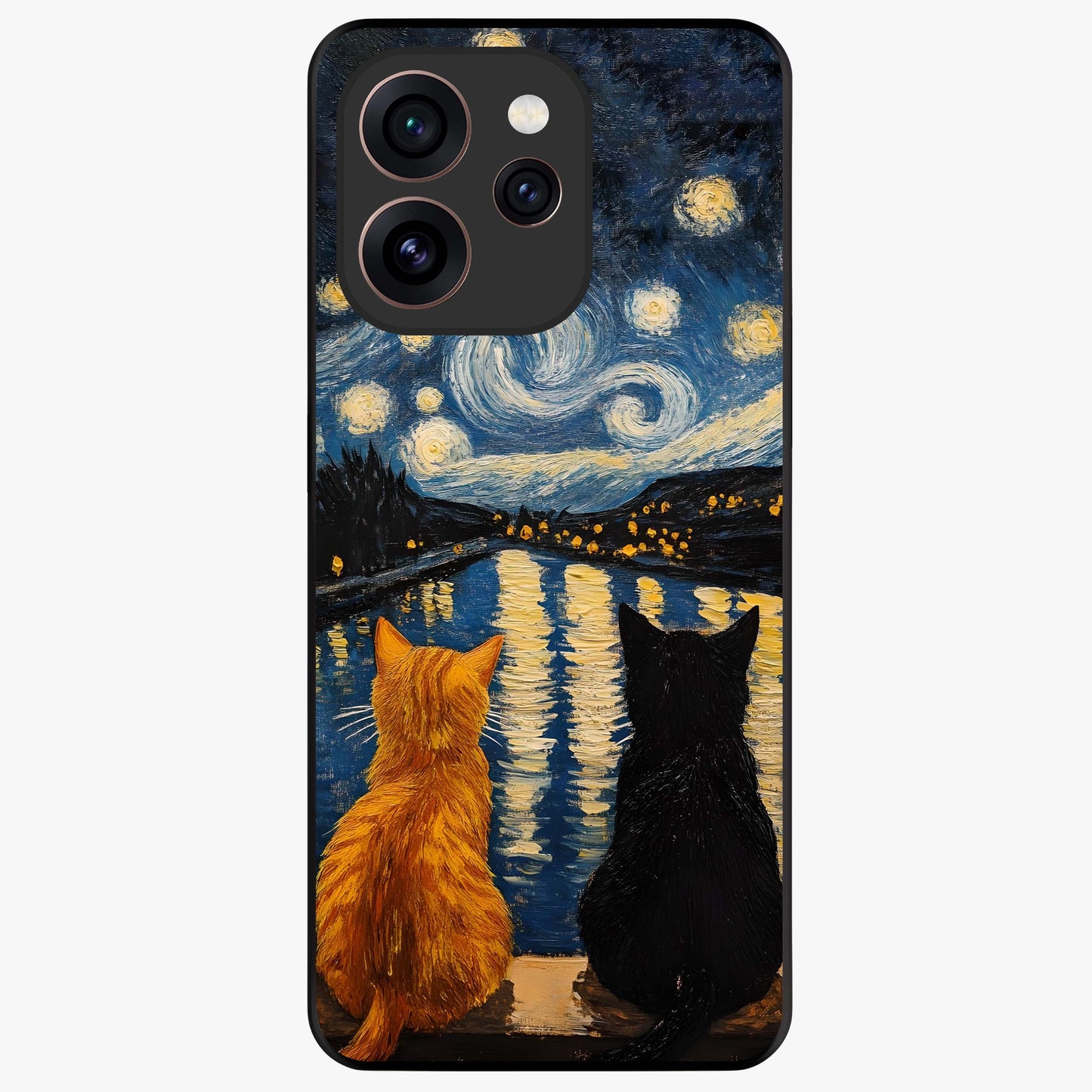 Starry River Cats Glass Case showing flat back view with cats by a starry river artwork and glossy glass finish.