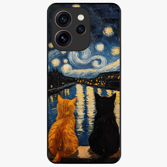 Starry River Cats Glass Case showing flat back view with cats by a starry river artwork and glossy glass finish.