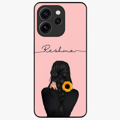 Sunflower Braid Beauty With Custom Name Glass Case showing flat back view with sunflower braid artwork and personalized name design.