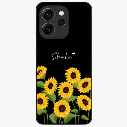 Sunflower Chic Mood Custom Name Glass Case showing flat back view with stylish sunflower artwork and personalized name design.