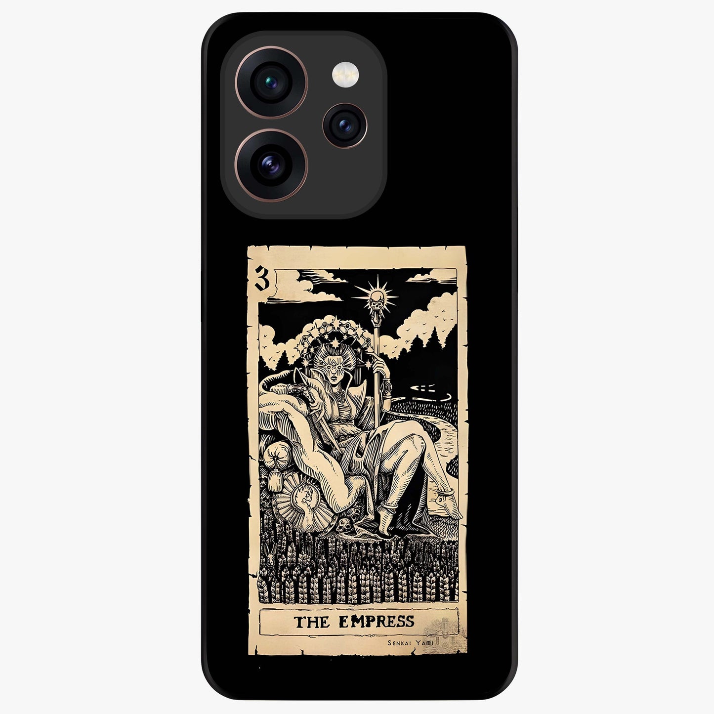 The Empress Glass Case showing flat back view with regal feminine artwork and glossy glass finish.