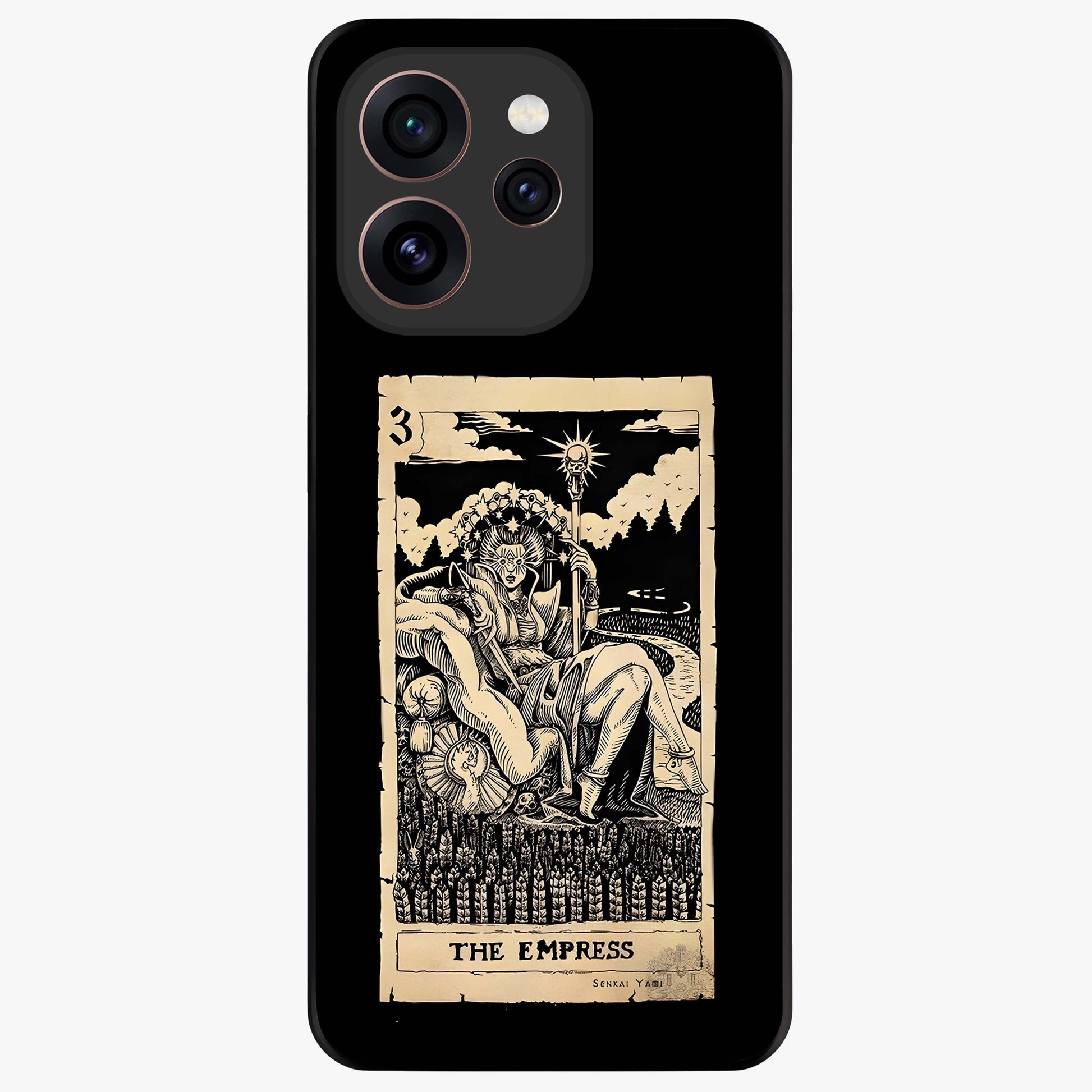 The Empress Glass Case showing flat back view with regal feminine artwork and glossy glass finish.
