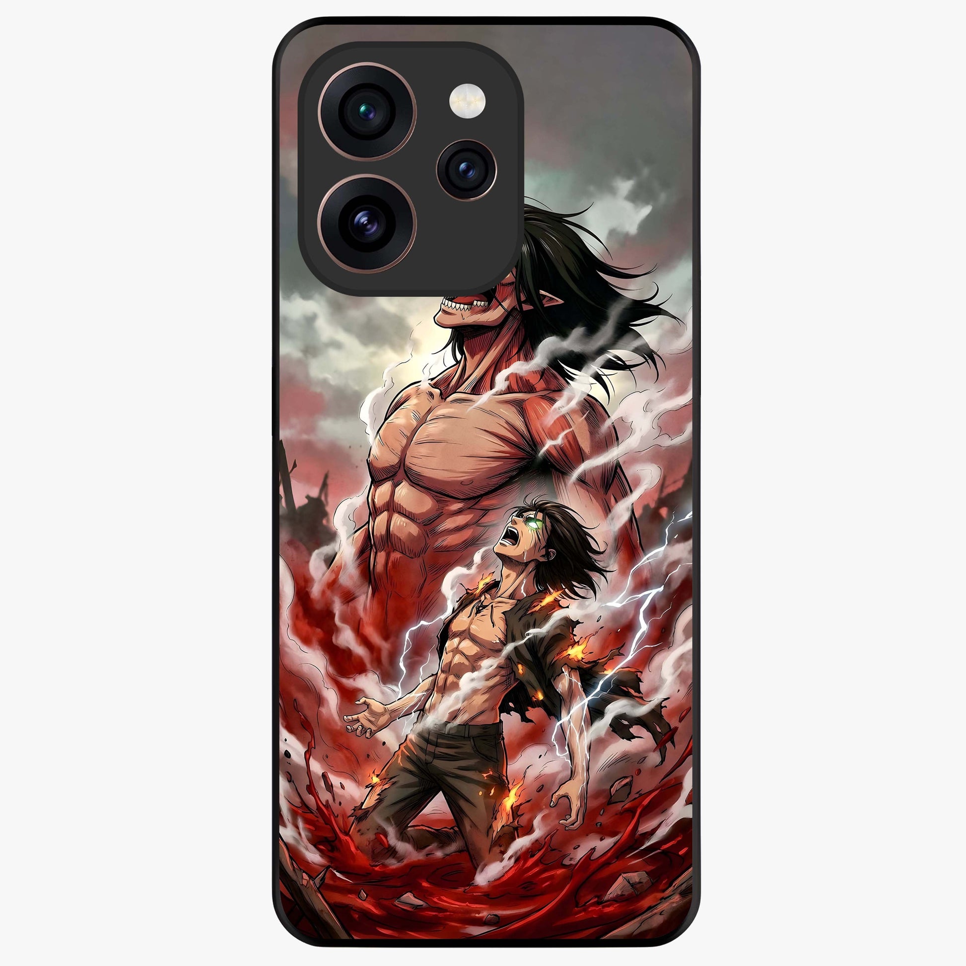 Titan Awakening Fury Glass Case showing flat back view with powerful titan inspired artwork and glossy glass finish.