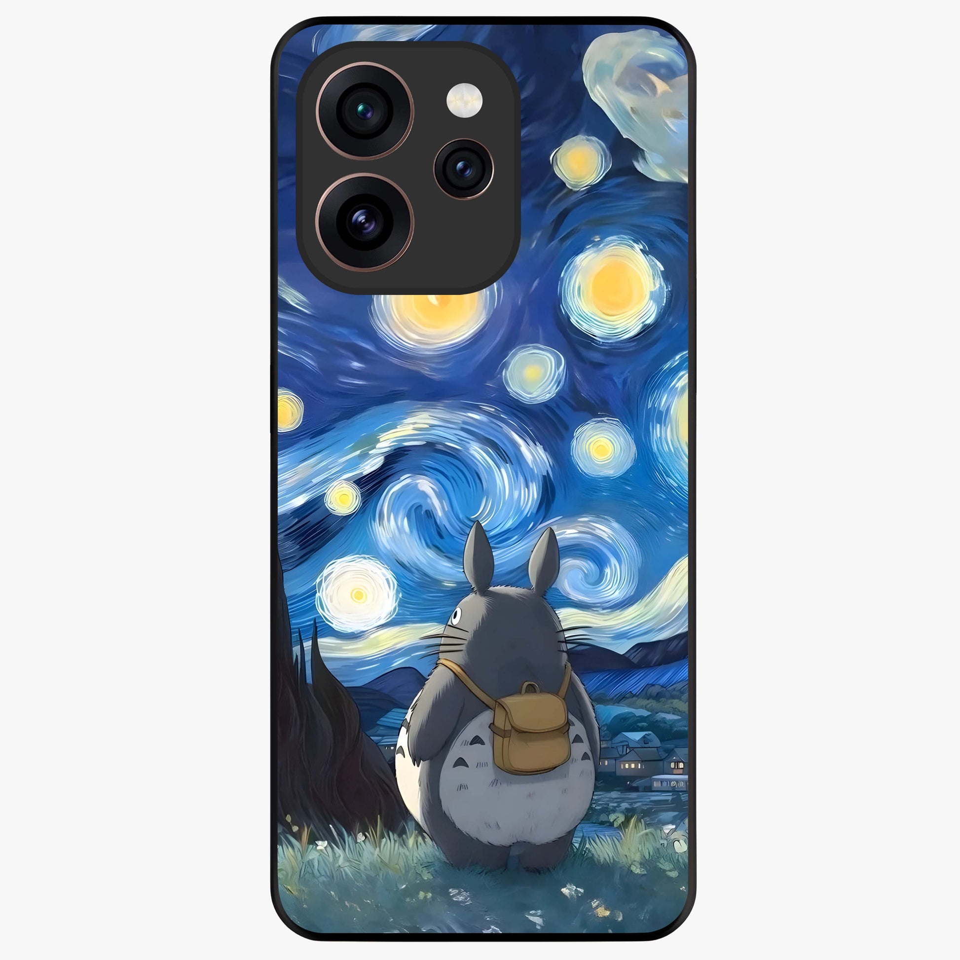 Totoro In Van Gogh Art Glass Case showing flat back view with whimsical character artwork inspired by Van Gogh style and glossy glass finish.