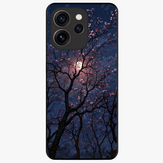 Twilight Sakura Serenade Glass Case showing flat back view with cherry blossom artwork at twilight and glossy glass finish.