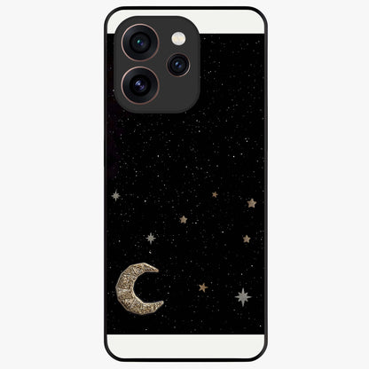 Twinkle Star With Half Moon Glass Case showing flat back view with star and half moon artwork and glossy glass finish.