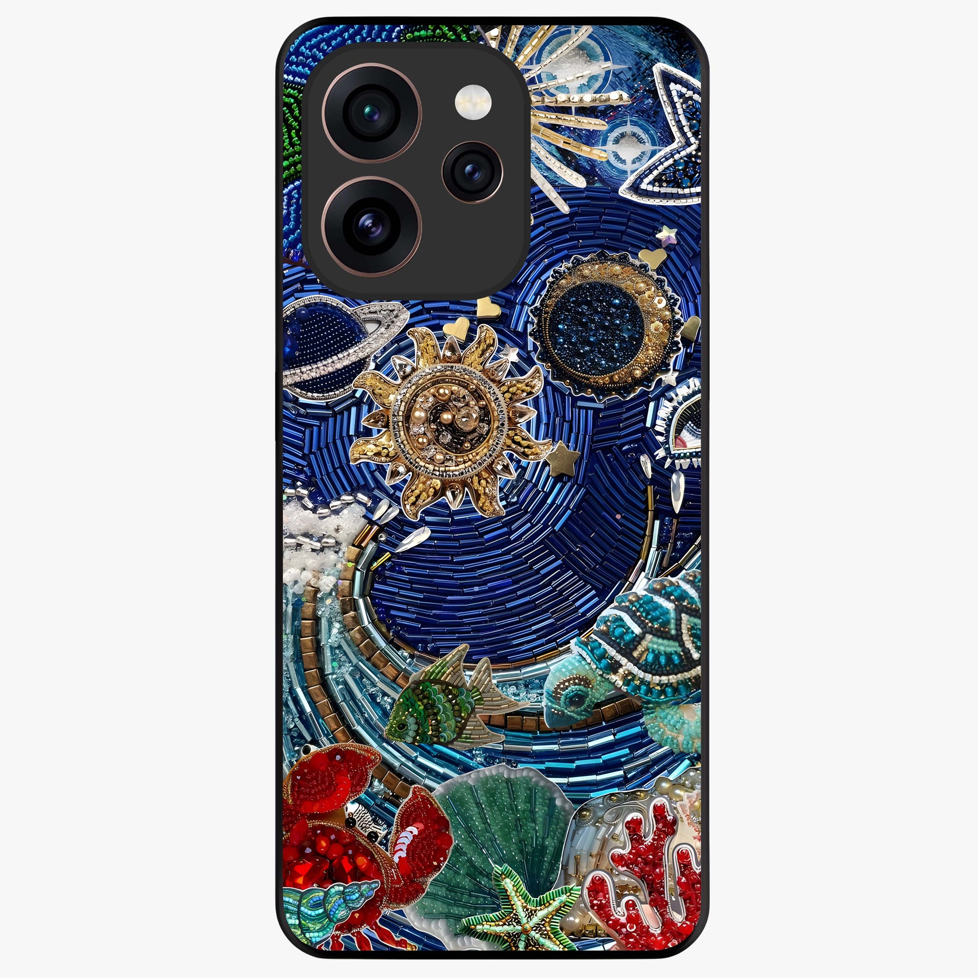 Universe Underwater Spark Glass Case showing flat back view with cosmic underwater themed artwork and glossy glass finish.
