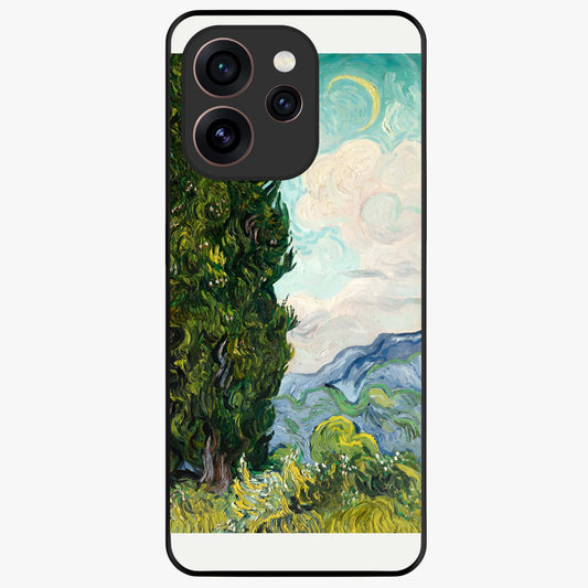 Van Gogh Vintage Art Glass Case showing flat back view with vintage painterly artwork inspired by Van Gogh style and glossy glass finish.