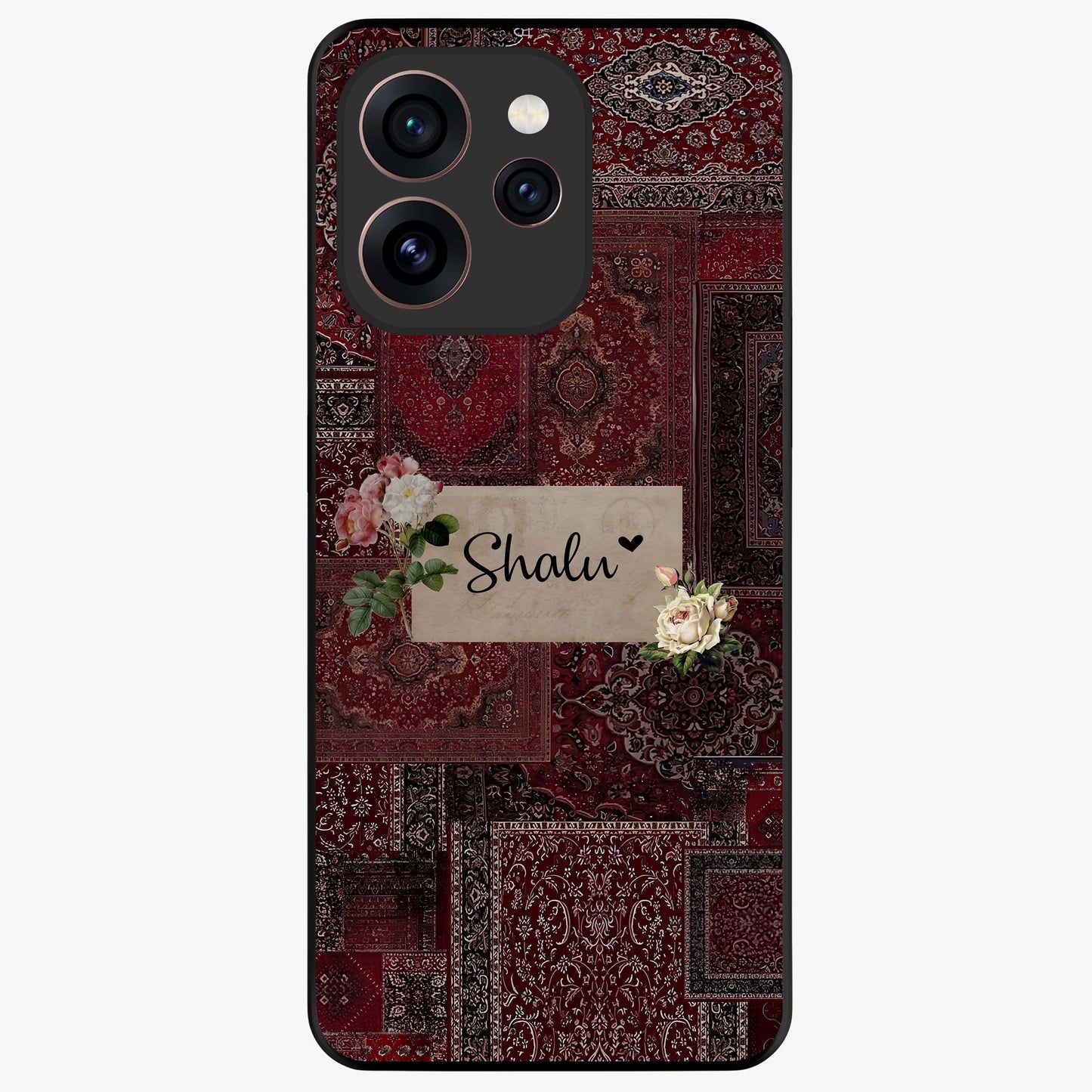 Velvet Wine Pattern Custom Name Glass Case showing flat back view with elegant wine colored pattern artwork and personalized name design.