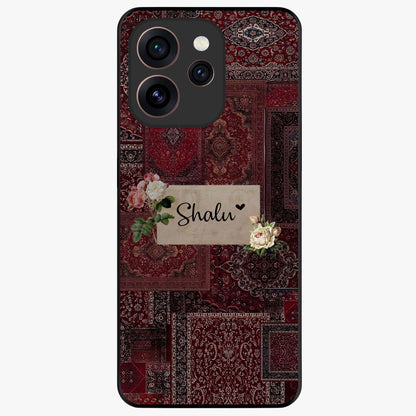 Velvet Wine Pattern Custom Name Glass Case showing flat back view with elegant wine colored pattern artwork and personalized name design.