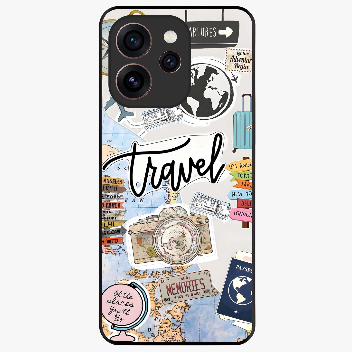 Wanderlust Journal Glass Case showing flat back view with travel inspired artwork and glossy glass finish.