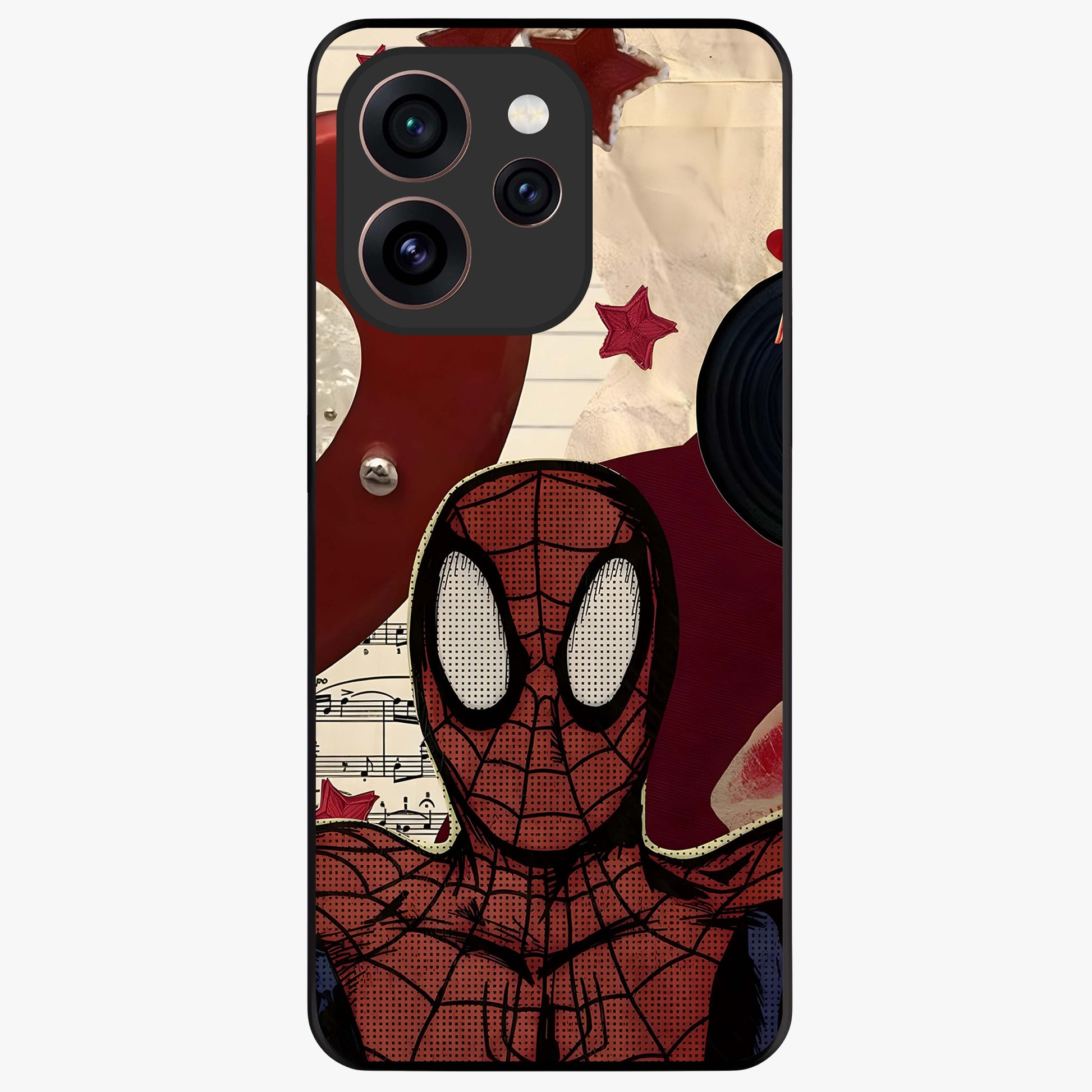 Web Warrior Vibes Glass Case showing flat back view with superhero inspired web themed artwork and glossy glass finish.