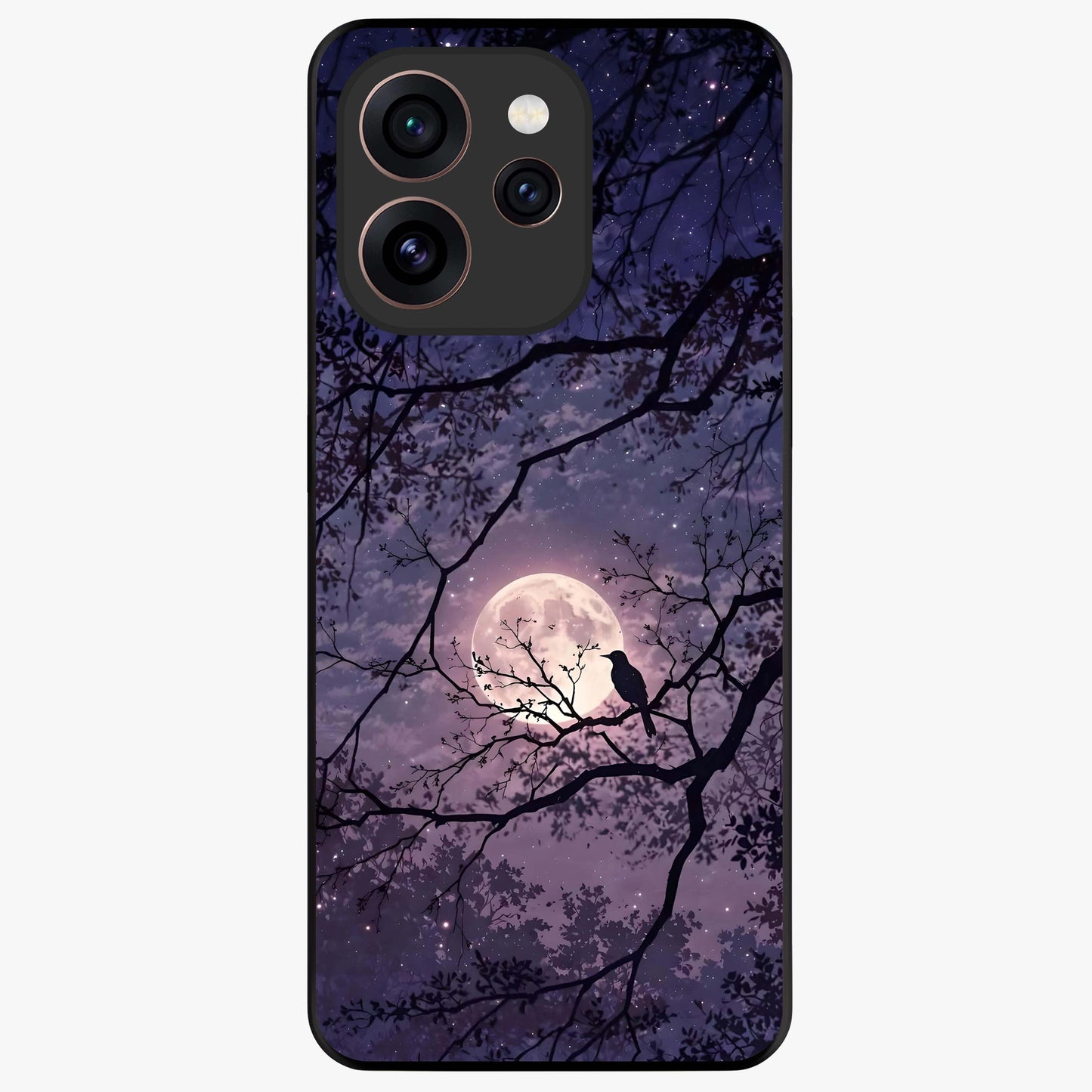 Whispering Moon Silence Glass Case showing flat back view with serene moon themed artwork and glossy glass finish.