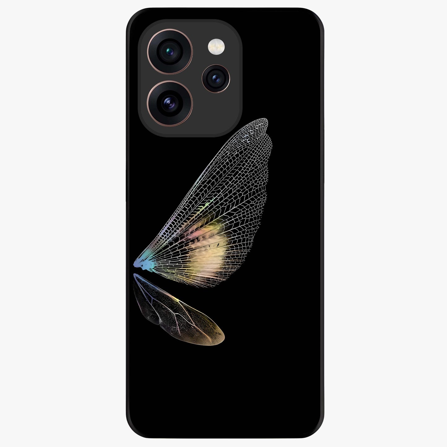 Whispers Of Wings Glass Case showing flat back view with graceful wing inspired artwork and glossy glass finish.
