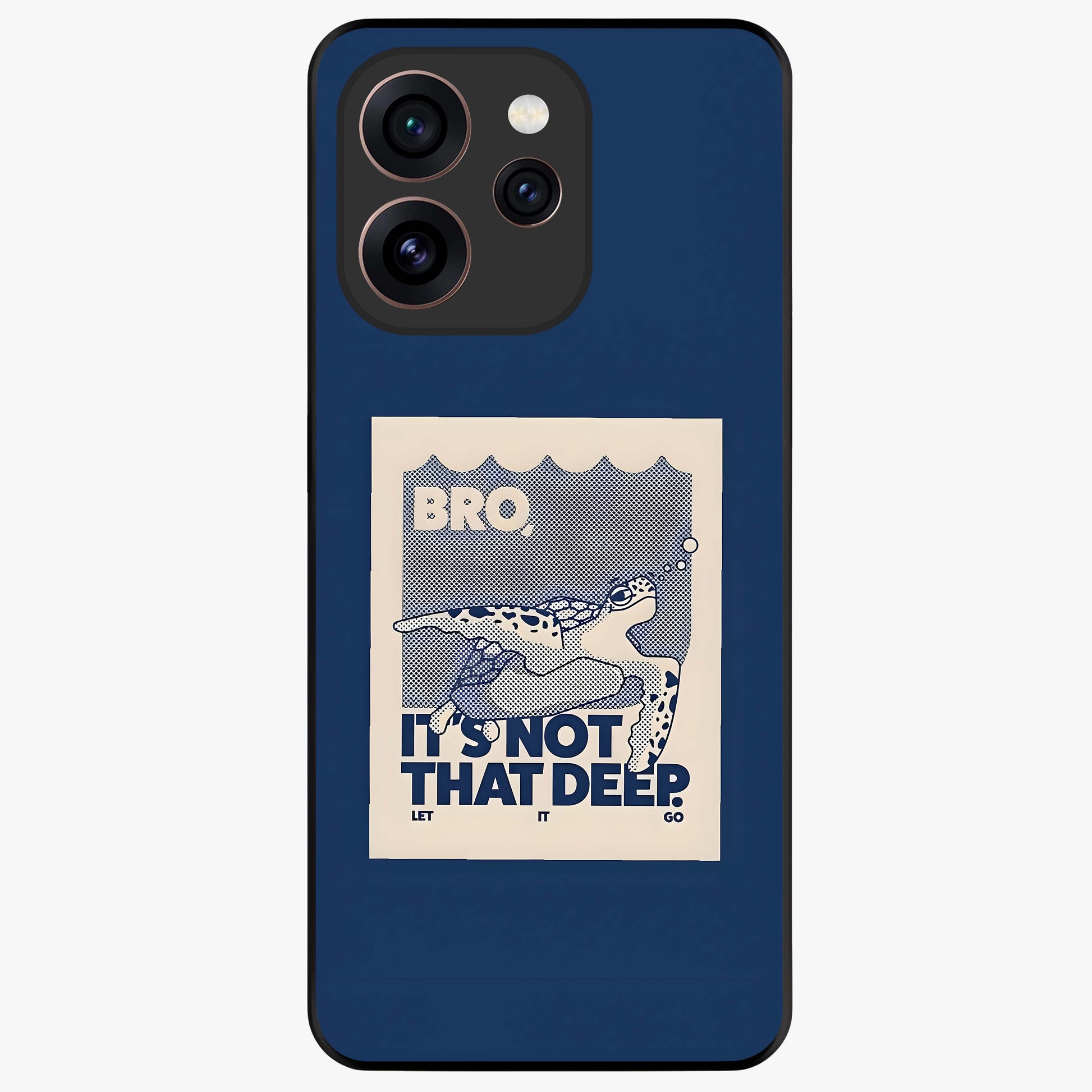 Worry Less Swim Glass Case showing flat back view with playful motivational artwork and glossy glass finish.