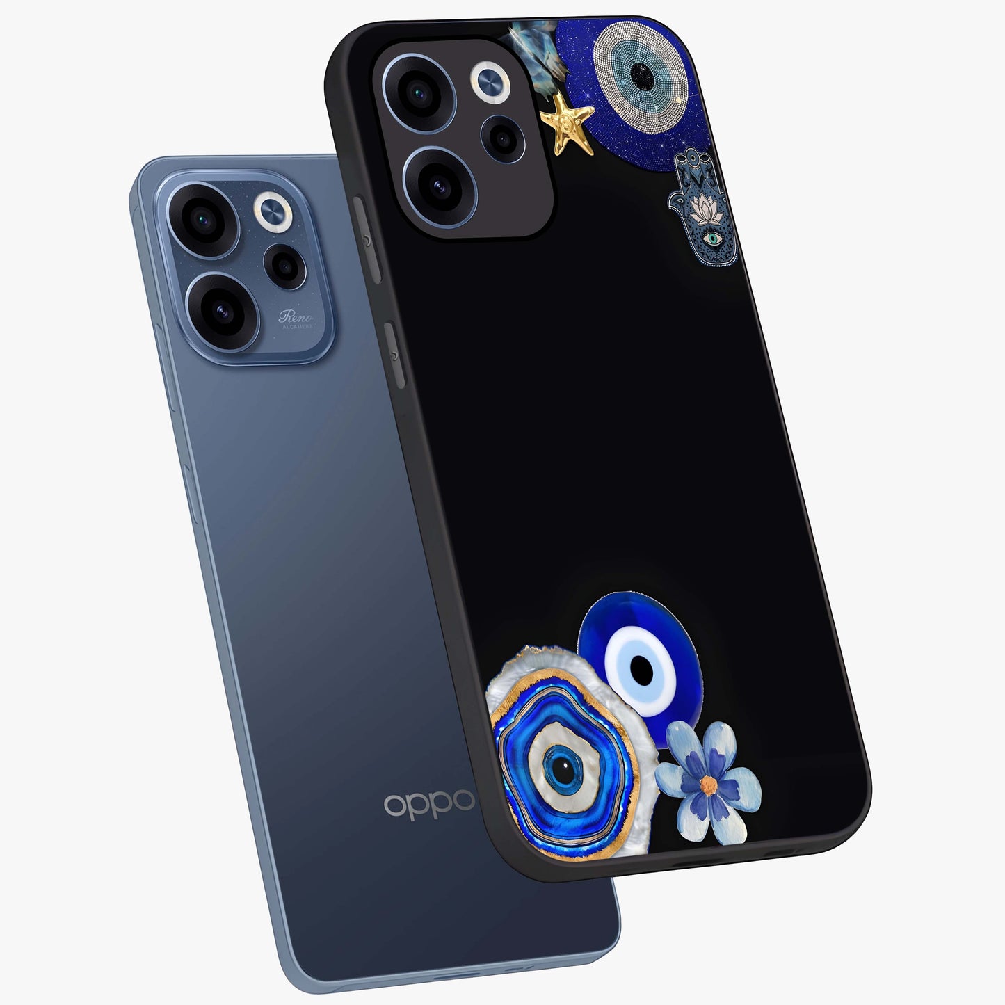 Aesthetic Blue Evil Eye Glass Case displayed in angled mockup highlighting blue evil eye symbol and spiritual aesthetic design.
